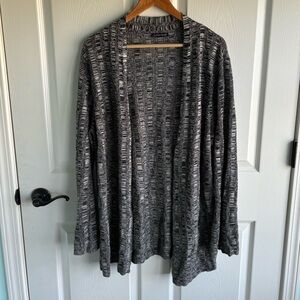 EILEEN FISHER Black White Silk Linen Bell Sleeve Cardigan Sweater